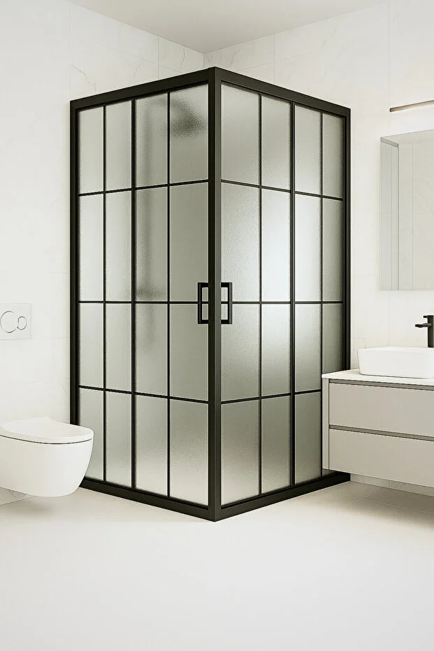 Kare Siyah Çizgi Karolaj Buzlu Desenli 5 mm Temperli Cam Sürgülü Kapılı Duş Teknesiz Duşakabin